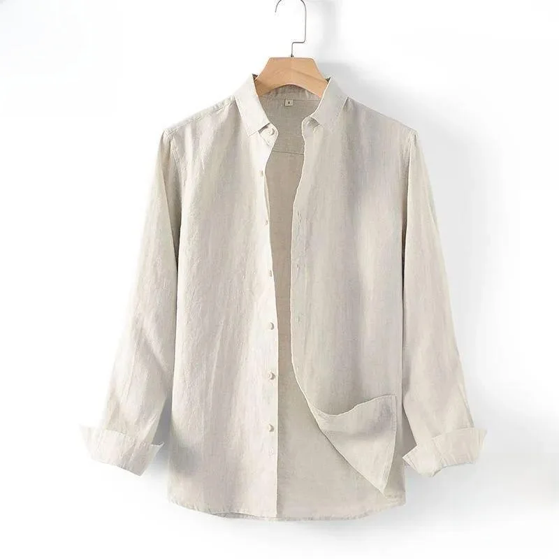 

Linen Cotton Blend Long Sve irt Men's Loose Fit Thin Casual Spring Autumn Top Trendy Breathable Plain Color Open Cardigan