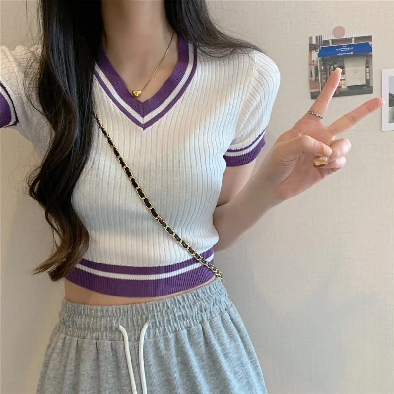 Summer Thin Short Sleeve V-Neck Knitted T-Shirt High Waist Pants Sweet Spicy Girl Style Cute Japanese Fashion Slim Fit Top