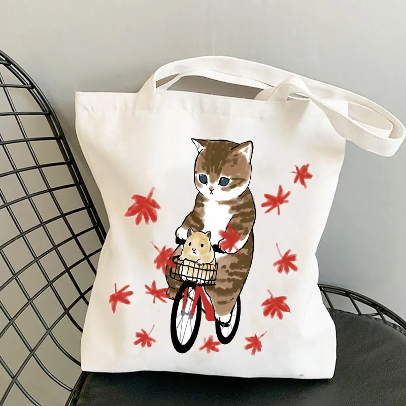 Bolso de compras reutilizable con estampado de gato Kawaii para mujer, bolsa de lona para comestibles, bolsos de hombro para mujer, bolso de mano de