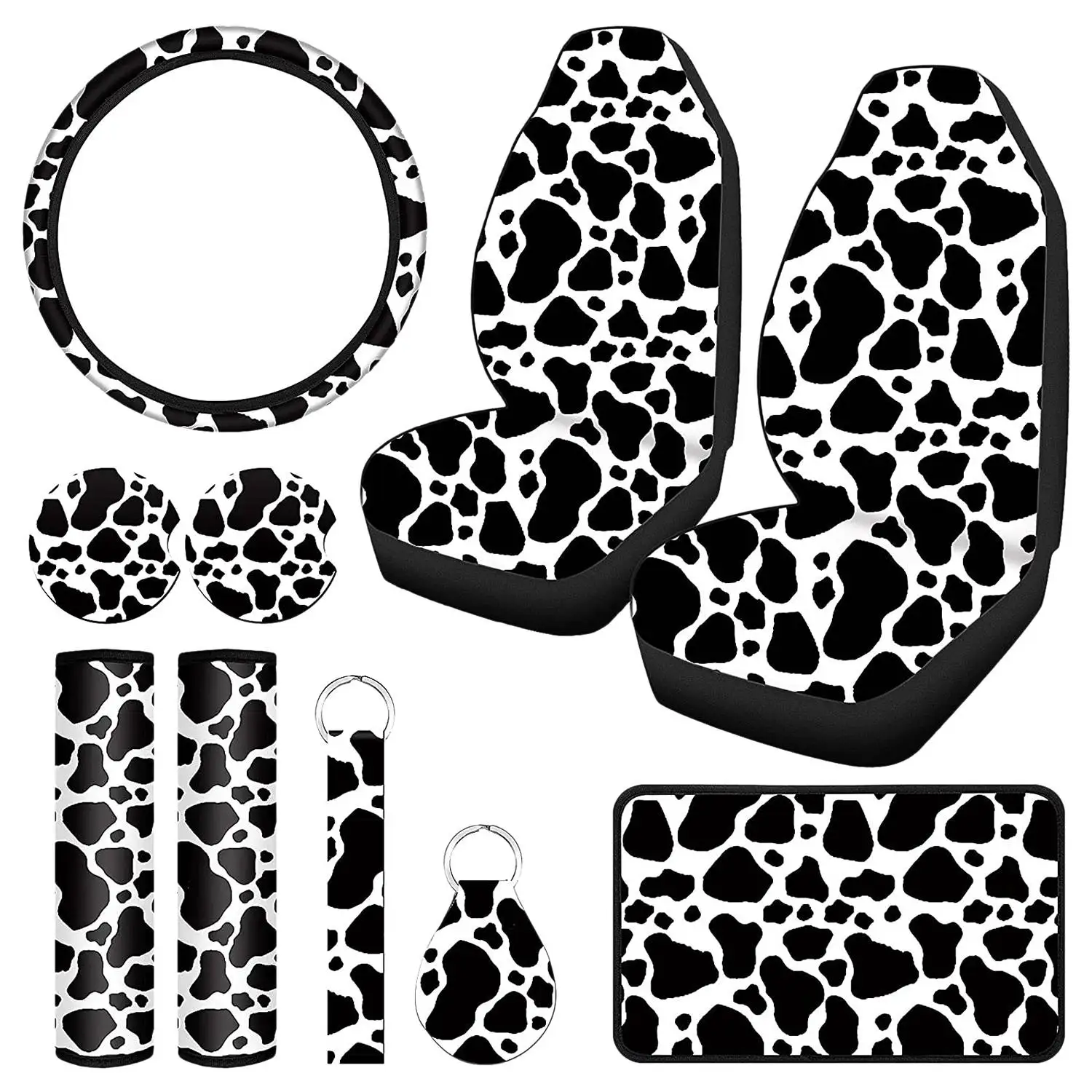 10PCS Cow Print Car Seat Cover Kit, Car Steering Wheel Cover, Seat Belt Pads, Car Floor Mats, Car Coasters, Armrest Pad