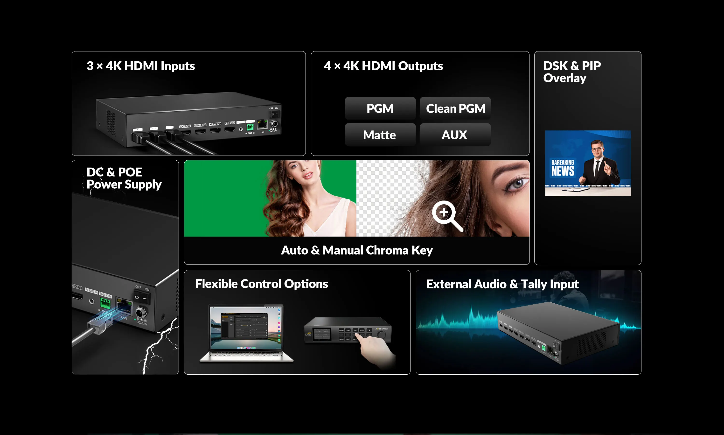 AVMATRIX KM32-4K: Professional 4K HDMI  with 3 Inputs & 4 Outputs, Chroma Key, DSK & PIP for Live Broadcast, Church & Studio