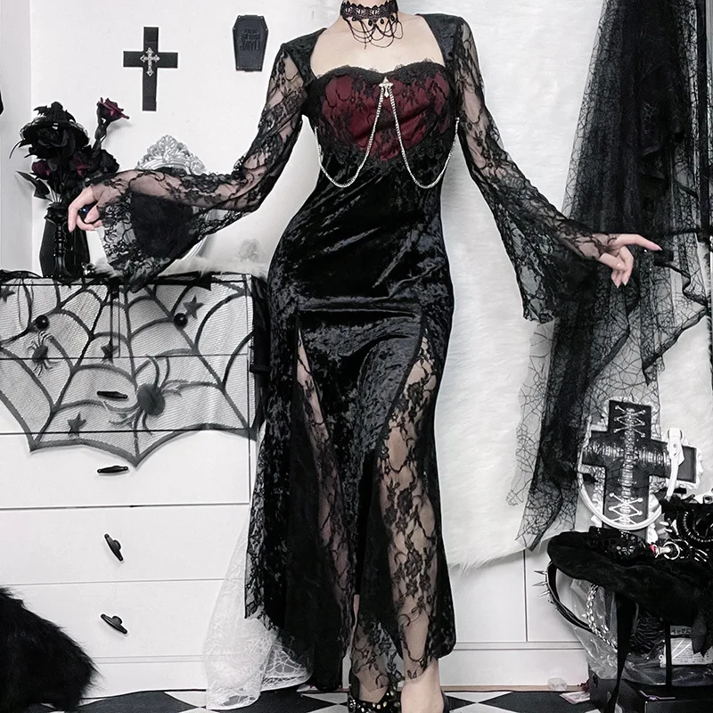 

SKMY Fashion Patchwork Halloween Party Dresses 2025 New Sexy Slim Fit Hip Hugging Split Lace Long Sleeve Dress For Women