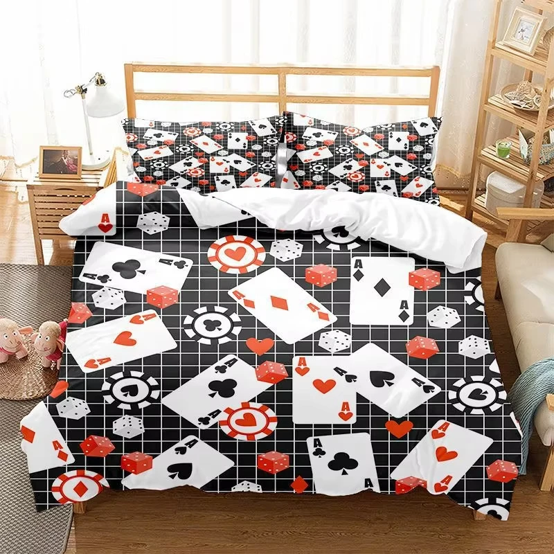 Card Poker Duvet Cover Full King Size Money Chips Bedding Set for Boys Girls Red Heart Game Comforter Cover Red Dice Bedclothes