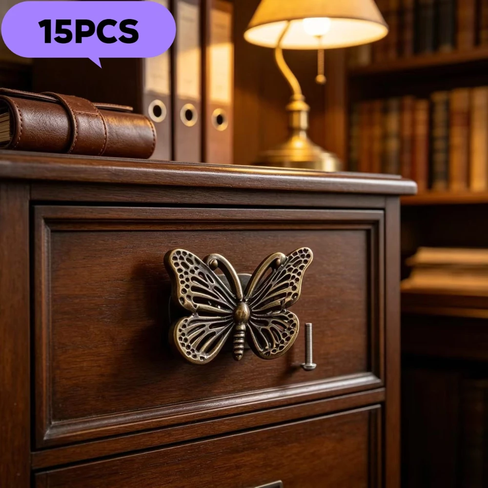 15pcs Antique butterfly Shape Dresser Drawer Handle Alloy Kitchen Handle for Wooden Wardrobe Jewelry Box Decorative