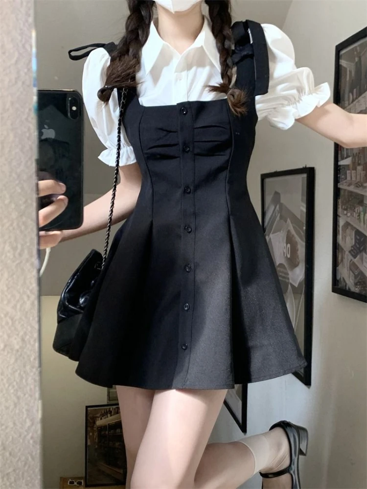 2024 Kawaii Preppy Style Suit Black Slip Dress White Blouse Spring Sweet Korean Fashion Femle Outfit Women Elegant Two Pieces