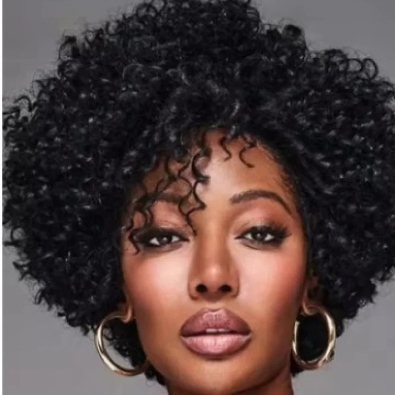 New European and American style wig with bangs, black African short curly hair