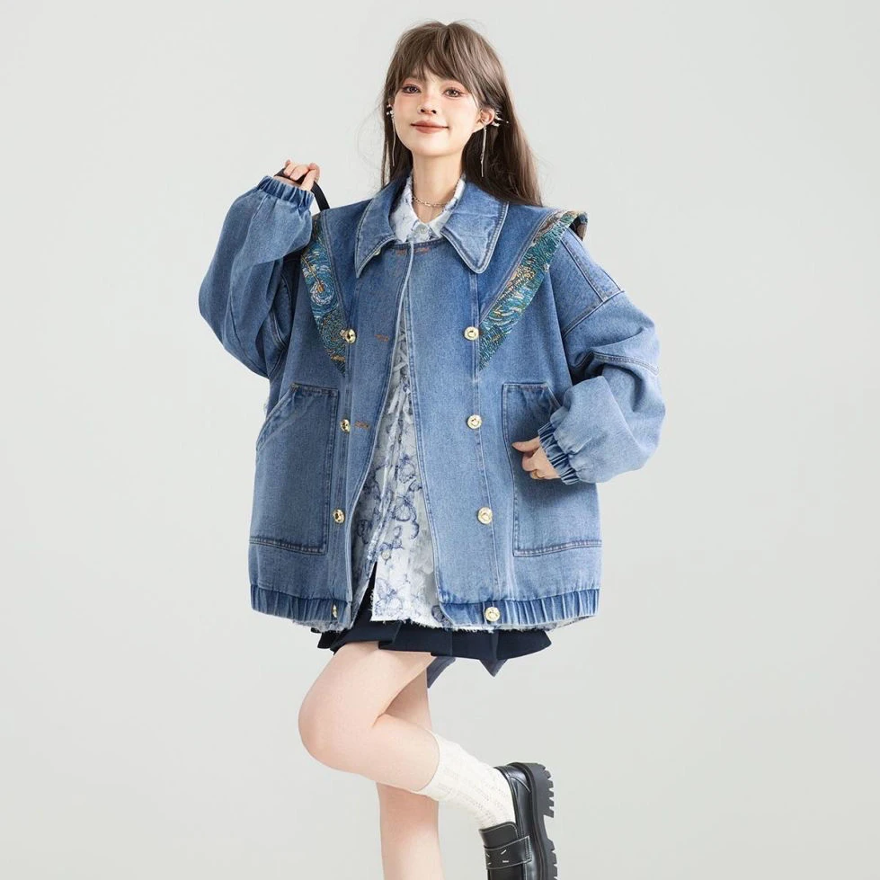 Jaqueta jeans vintage outwear feminina 2025 primavera outono nova moda design artístico jacquard arco jeans jaqueta solta topos