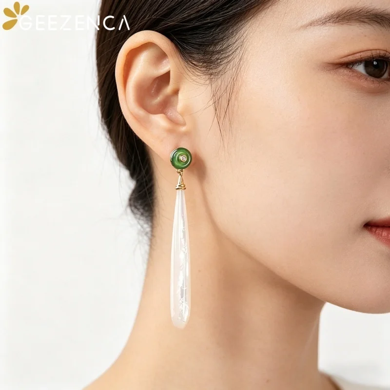 GEEZENCA White Mother of Pearl Green Chalcedony 925 Silver Long Bar Charm Dangle Drop Earrings Women Simple Trendy Earring Gift