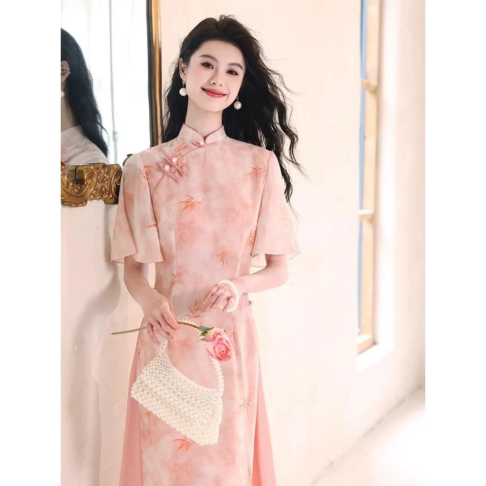 

New Pink Floral Cheongsam Dress Women's Elegant Chiffon Qipao Short Sleeve Summer Dress Chinese Casual Party Wear Free Shipping