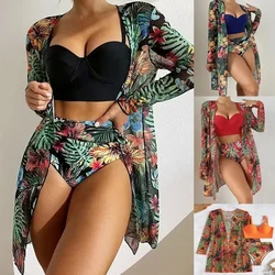 500819006Mesh shawl, hard wrapped with steel tray printing, three piece small chest gathered swimsuit