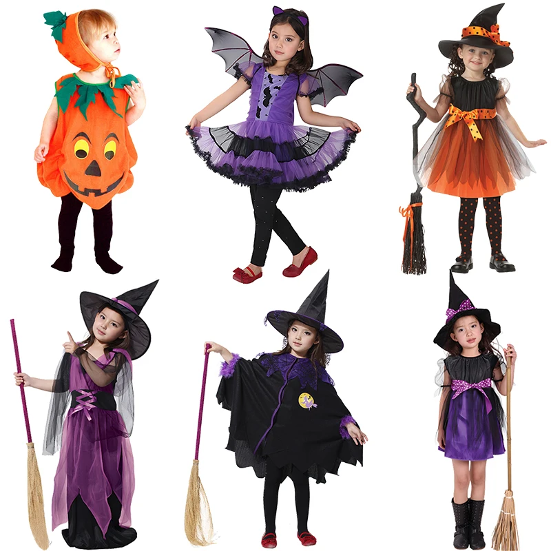 

Halloween Cosplay Vampire Witch Costume for Kids Girls Pumpkin Onesie Bat Evil Ghost Clothing Children Wings Cloak Broom Props