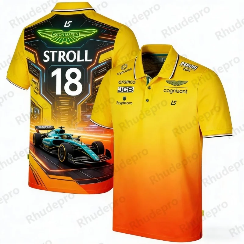Camiseta Polo con Estampado del Equipo Aston Martin Stroll 18, Temática de Carreras, Deportiva, Casual, Souvenir para Fanáticos, Transpirable, de Manga Corta, para Verano