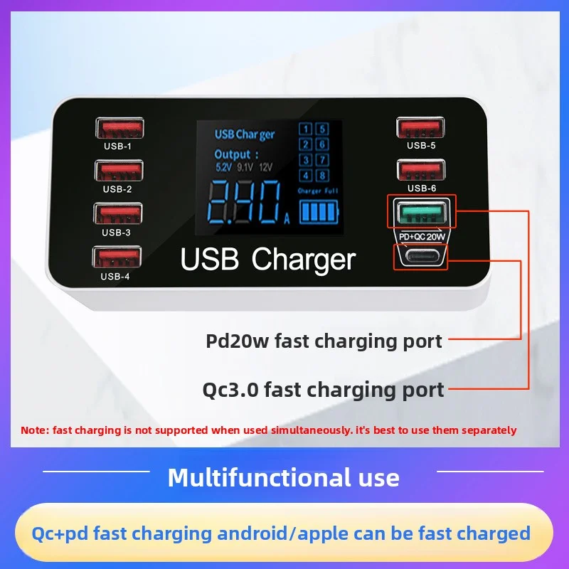 

8-портовое быстрое зарядное устройство USB PD QC 3.0, быстрая зарядка, светодиодный дисплей Type-C, адаптер питания для настольного компьютера ЕС, Великобритании, США для Iphone Samsung