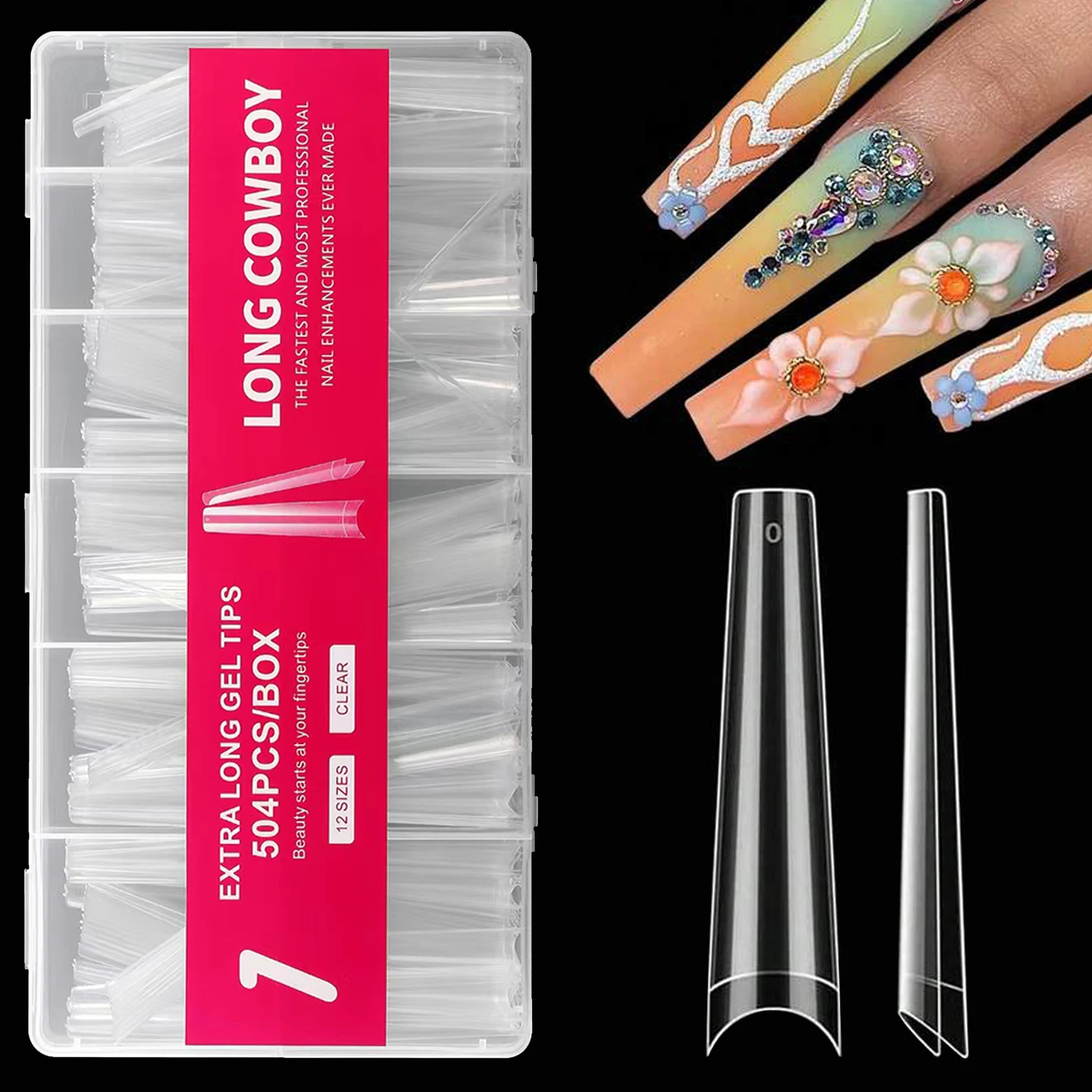 Set di punte per unghie finte trasparenti in acrilico quadrato lungo, kit di punte per unghie finte artificiali a copertura totale da 504 pezzi Premere sulle unghie, 12 dimensioni