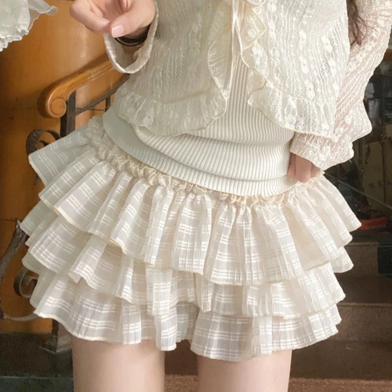 Deeptown Kawaii Lolita Women Skirt Shorts Ruffle Fairycore Japanese Style Cute Mini Skirts Sweet Layered Patchwork Short Skirt