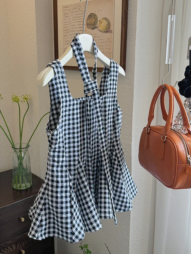

Women's Plaid Camisole 2025 Summer New Korean Style Casual Tops Retro Fashion Sleeveless Top Sweet Vest