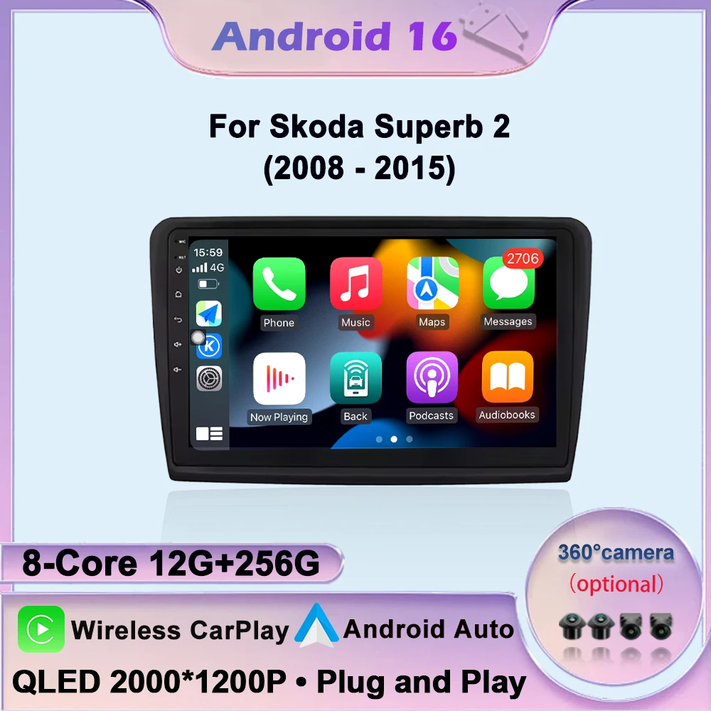 Android 16 Wireless Carplay Car Radio For Skoda Superb 2 2008-2015 Navigation GPS Auto Lntelligent Multimedia Player BT