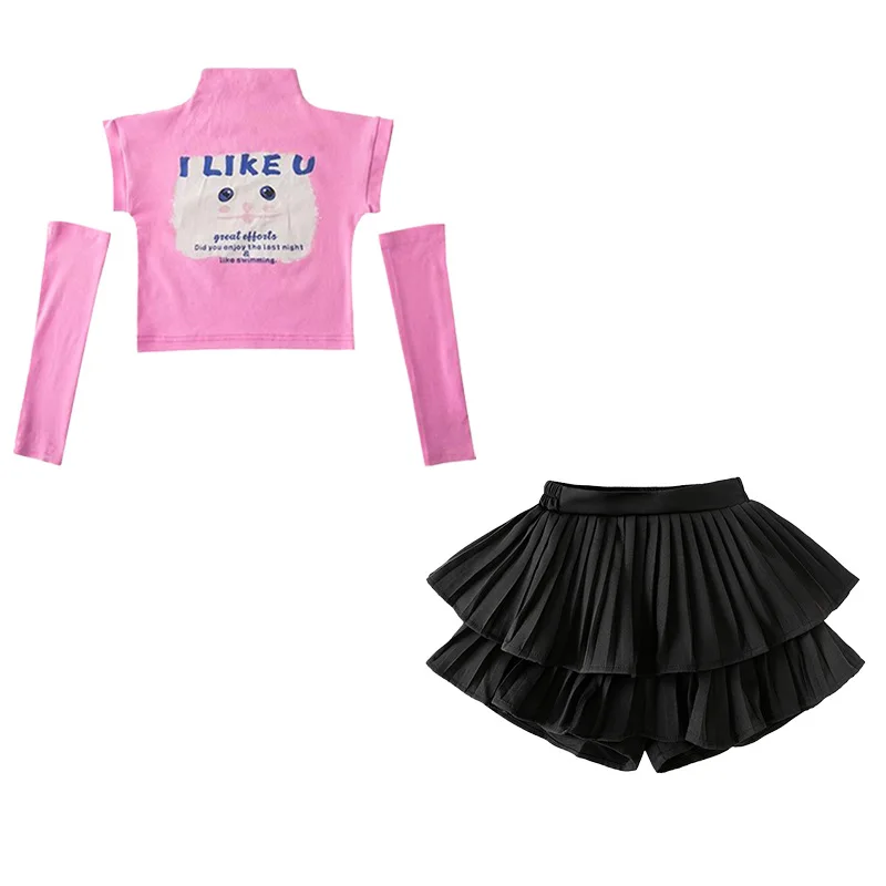 Meisjes Hiphop Crop Top Zwarte Streetdance Rok Kind Sweet High Collar T-Shirts Streetwear Shorts Sets Kids Jazz Kostuums