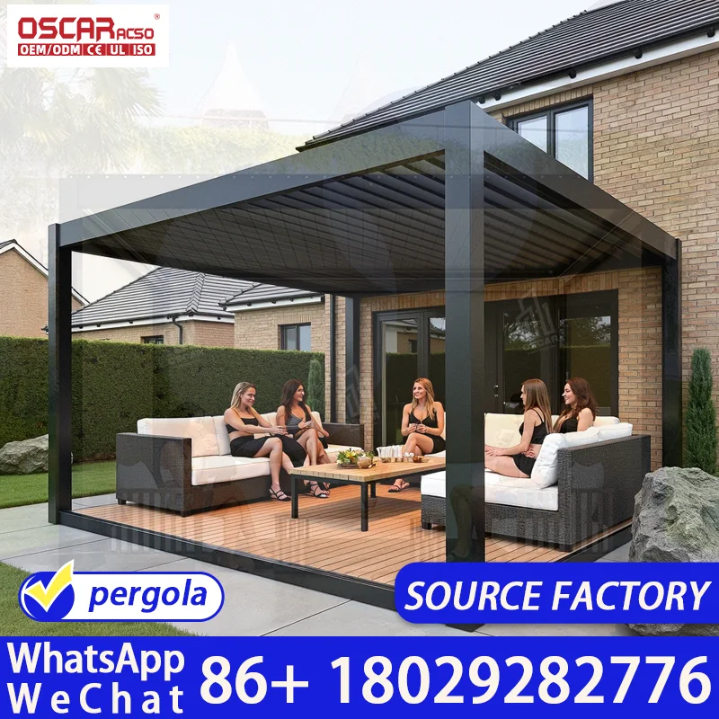 Weatherproof Aluminum Pergola Smart Motorized Louvered Roof Solar Shading Patio Canopy Garden Backyard Deck Europe USA Modern Fr