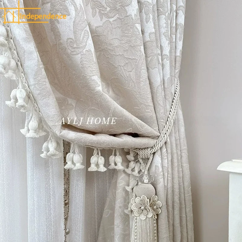 New French Flocking Jacquard Beige Thickened Curtains for Living Room Bedroom French Window Balcony Customized Products