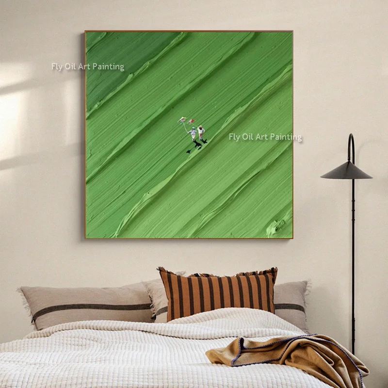 Handmade Green Land Kids Fly A Kite Canvas Thick Artwork On Canvas Large Abstract Blue Sea People Surfing Oil Painting For Decor