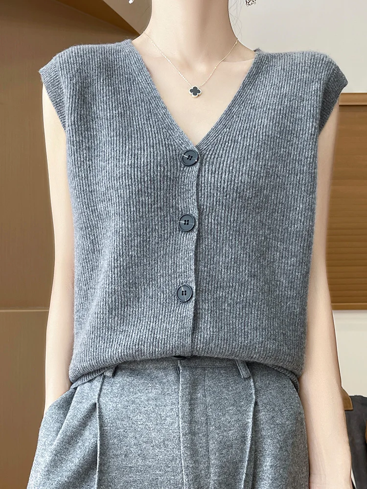 New Chic Women V-neck Sleeveless Cardigan 100% Merino Wool Waistcoat Autumn Winter Cashmere Sweater  Korean Style Knitwear Vest