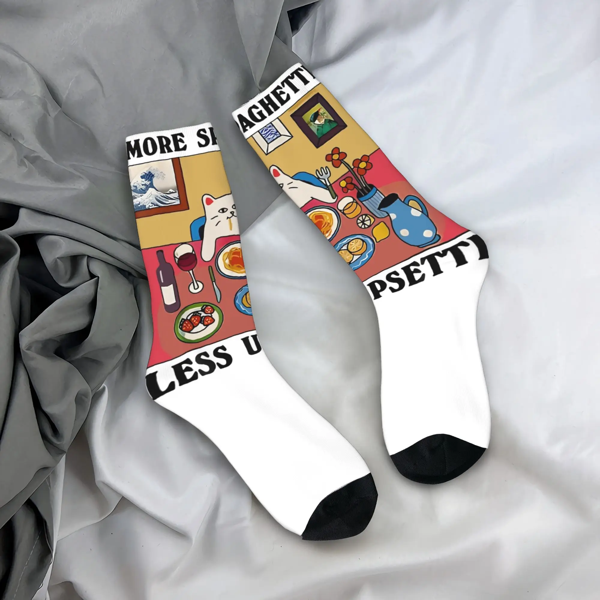 More Spaghetti Less Upsetti  Printing Socks Merch for Sports Wear Flexible Funny Cute Cat Saying  Print Socks