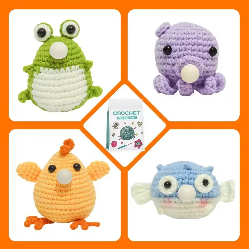 4pcs Animal Family Crochet Kit Starter Kits DIY Crochet Kit For Beginners Crocheting Knitting Kit Step-by-Step DIY Crochet Gifts