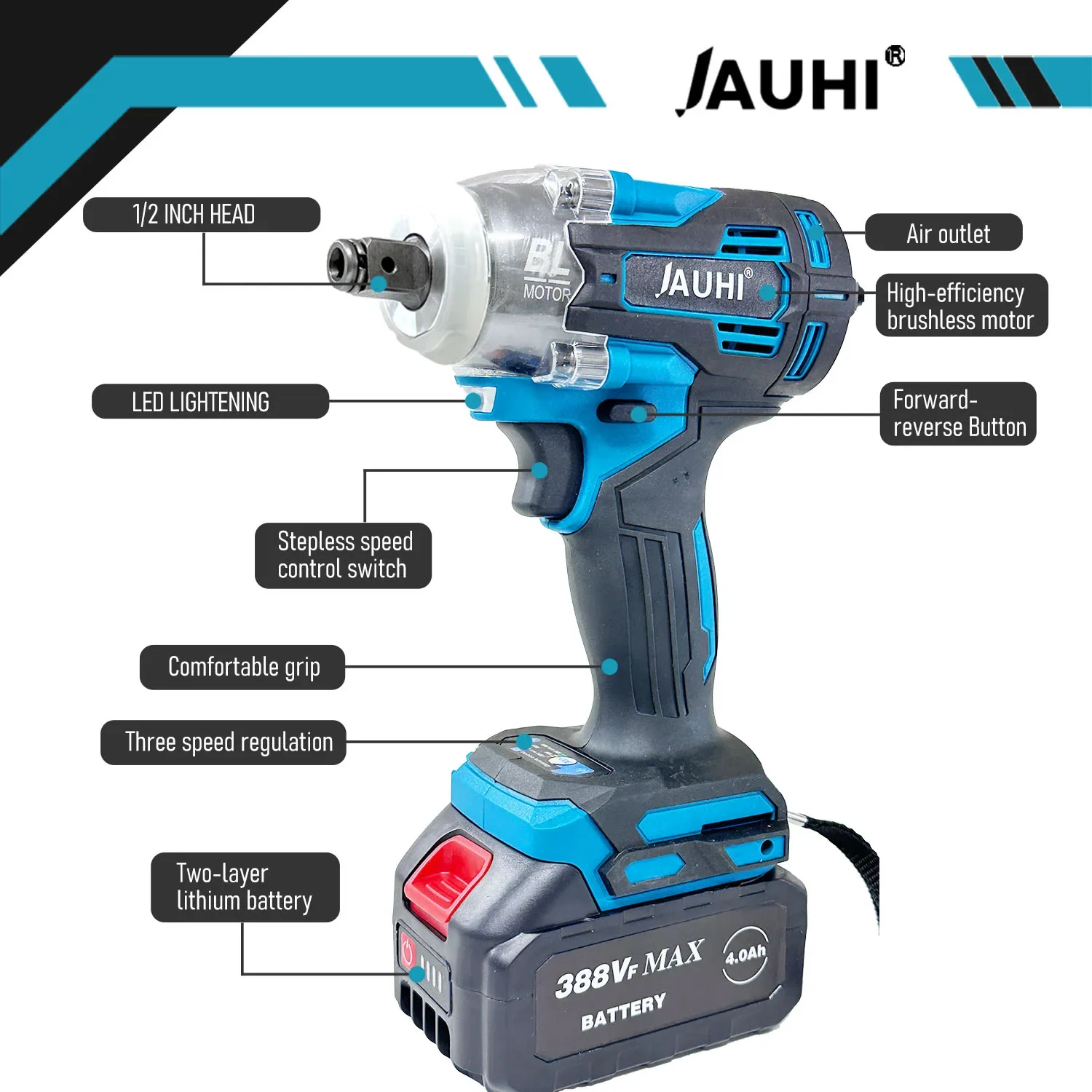 JAUHI 388VF 520 N.M Torque Brushless Electric Impact Wrench 1/2 In With 20000mAh Lithium-Ion Battery For Makita 18V Battery