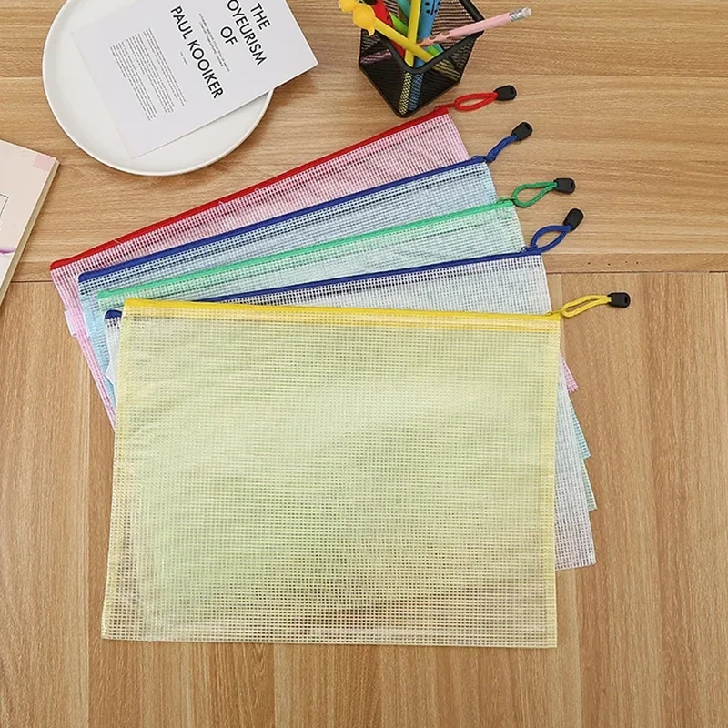 12pcs/pack Color Mesh Zipper Pouches File Bag A4 PVC Plastic Document Organizer Zip File Folders School Office Supplies