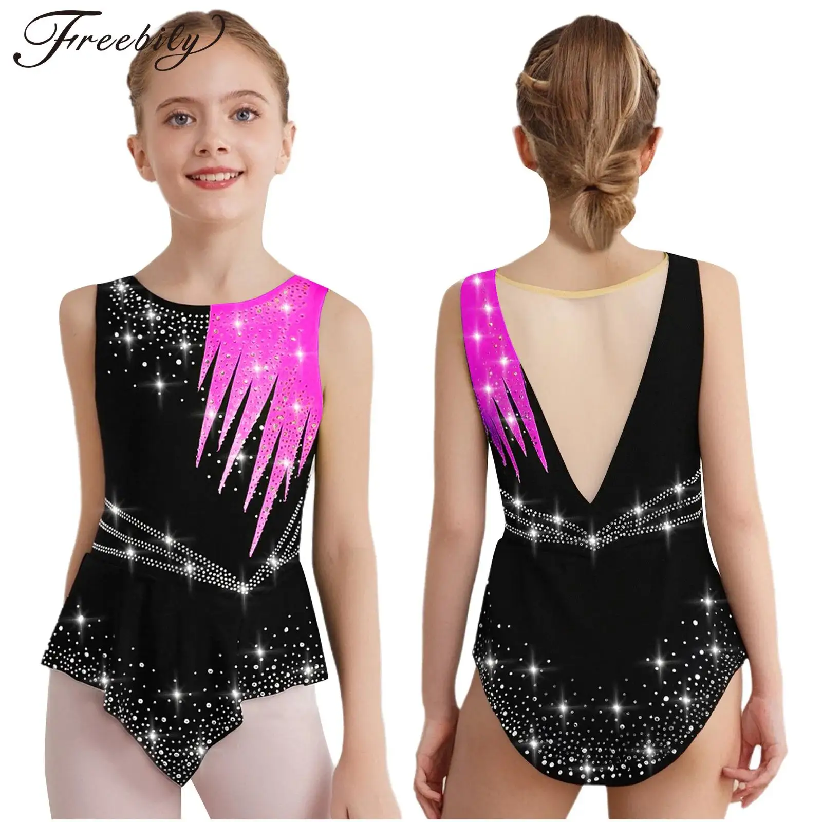

Kids Girls Figure Ice Skating Bodysuit Dress Shiny Rhinestones Mesh Leotard for Rhythmic Gymnastics Ballet Dance Acrobatics