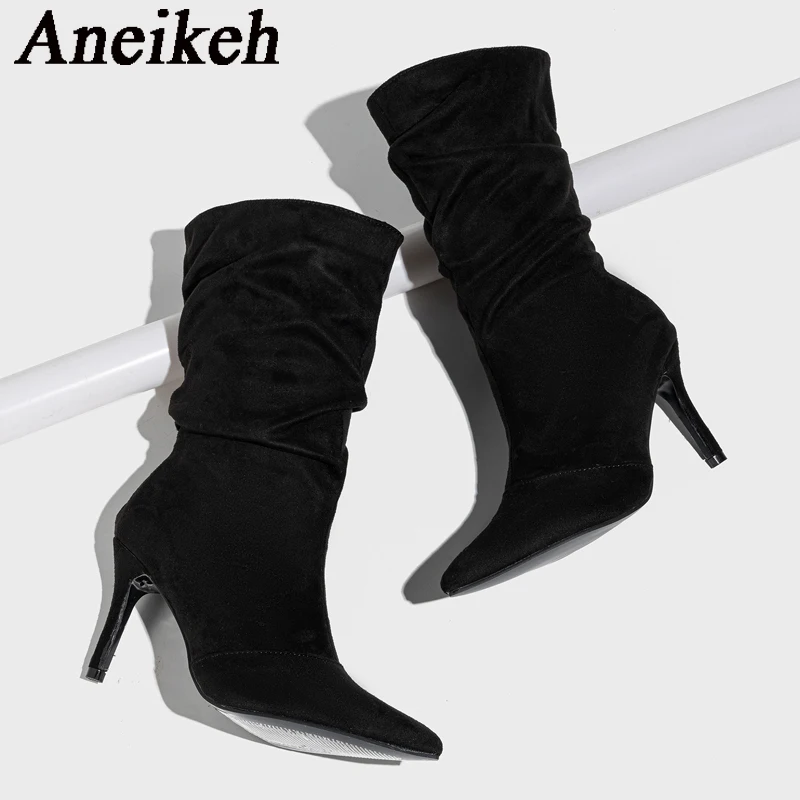 Aneikeh NEW Fashion Mid-Calf Boots Sexy Flock Sewing Pleated Pointed Toe Zippers for Thin High Heels Wedding Women Shoes Apricot