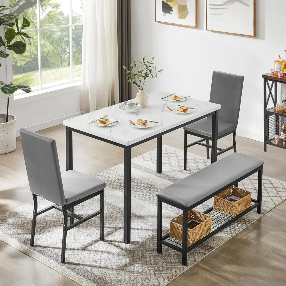 Dining Table Set for 4,Faux Marble Kitchen Table,Kitchen Table Chairs Set with Velvet Chairs,Bench with Storage Net for Dining R