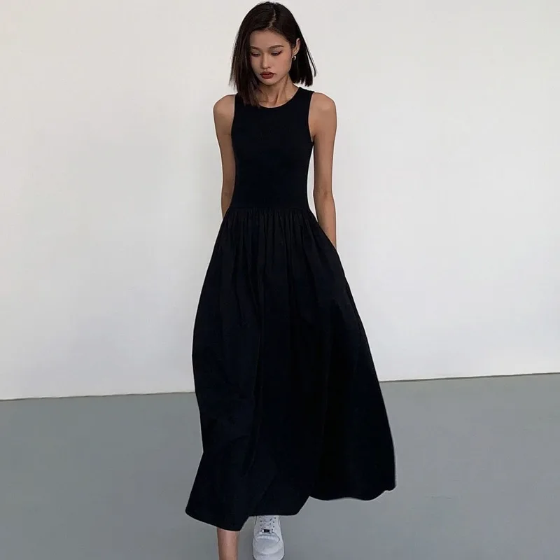 HOUZHOU Casual Black Sleeveless Long Dress Women Bodycon One-piece Dress Gown Maxi Dresses White Vintage Elegant Pleated Vestido