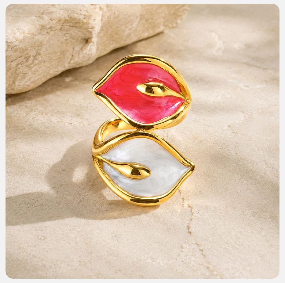 Vnox Trendiger Geometrischer Großer Lippenring, Übertriebener Retro-Rot-Lippen-Offener Ring für Frauen, Mehrfarbiger Emaille-Fingerring, Partyschmuck – Detail 5