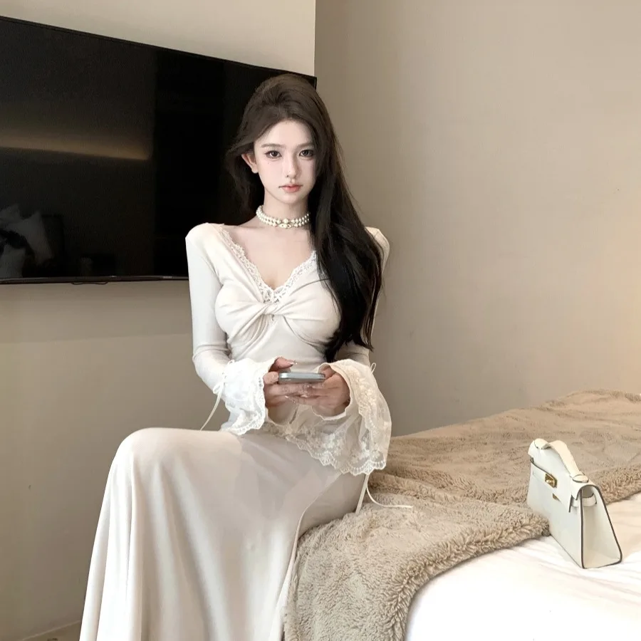 Herbst Winter V-ne Spitze Trim Langen Rock Abnehmen Fi-tail Dr frauen Hohe Taille Koreanische Sle A-line Dr lange Sve