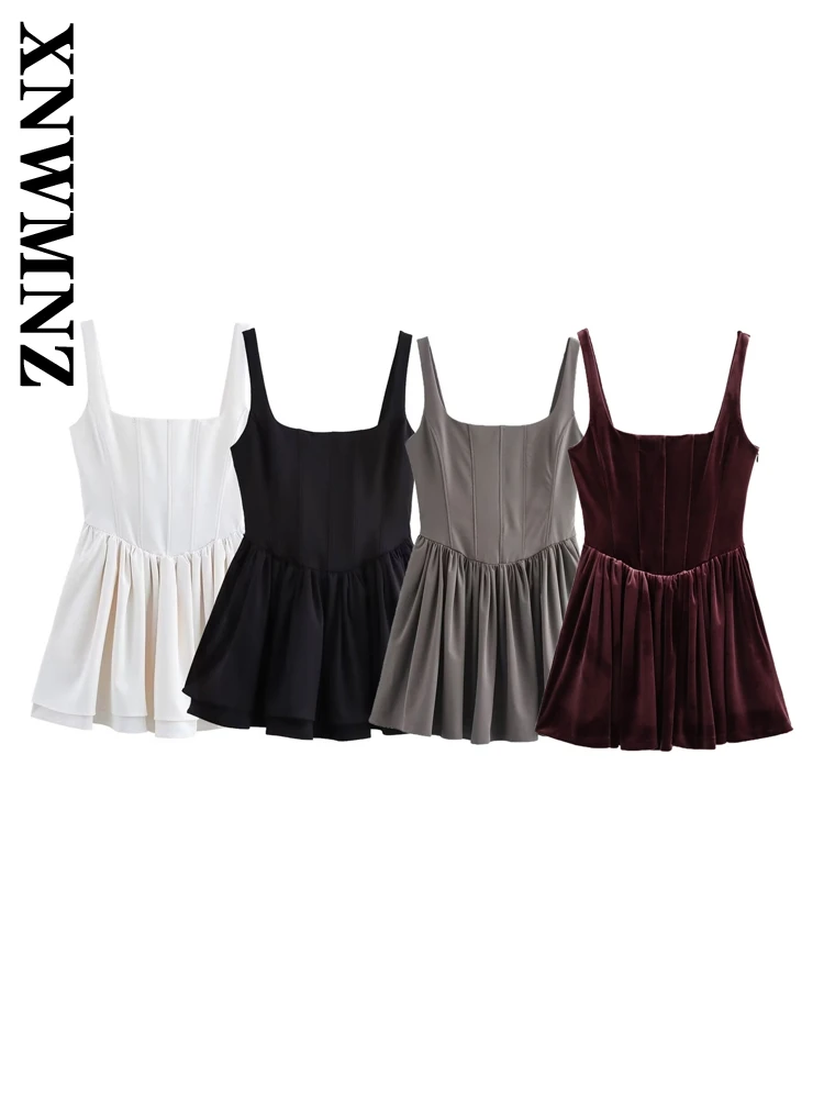 XNWMNZ 2024 Summer Woman\'s Casual Sleeveless Solid Color Slip dress Top Female Fashion Ruffles zipper Sling Pleated Skirt Dress