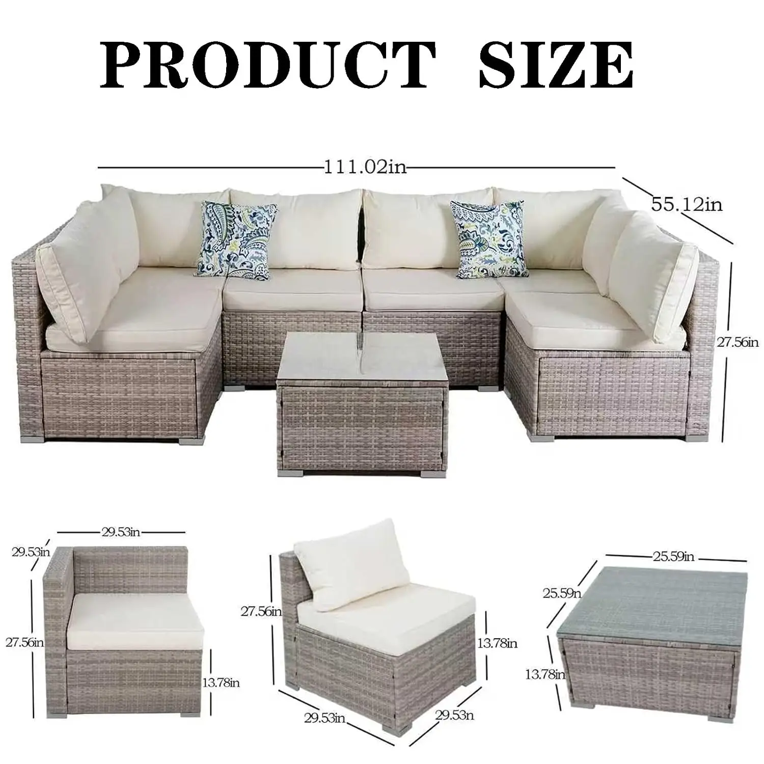 7 Piece Patio Furniture Sets, Rattan Conversation Sectional Set with Glass Table Outdoor Patio Sofa with Thick,, Customized