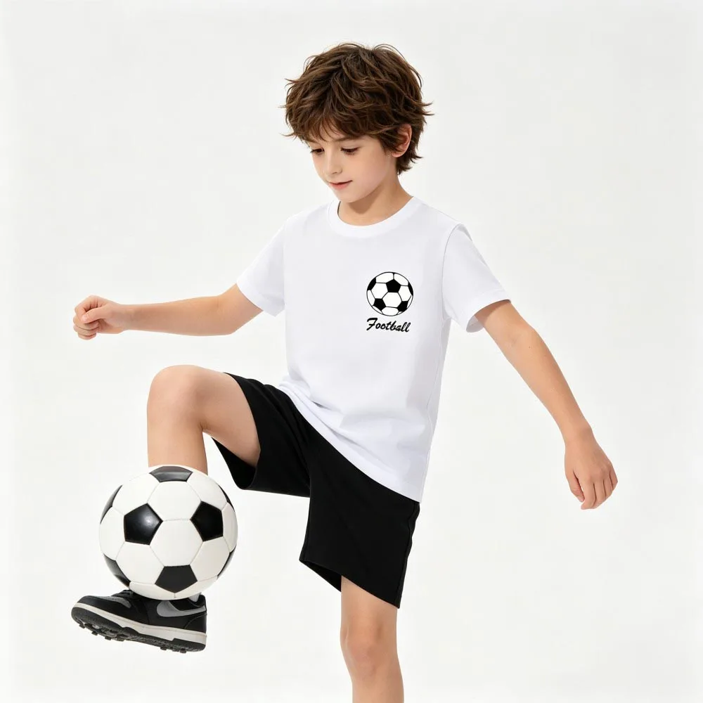 Summer Cotton T Shirts Children's T-Shirt Boys Clothing Dark Blue White Football Print Tshirts Teenagers 2 to 7 8 10 12 14 Years