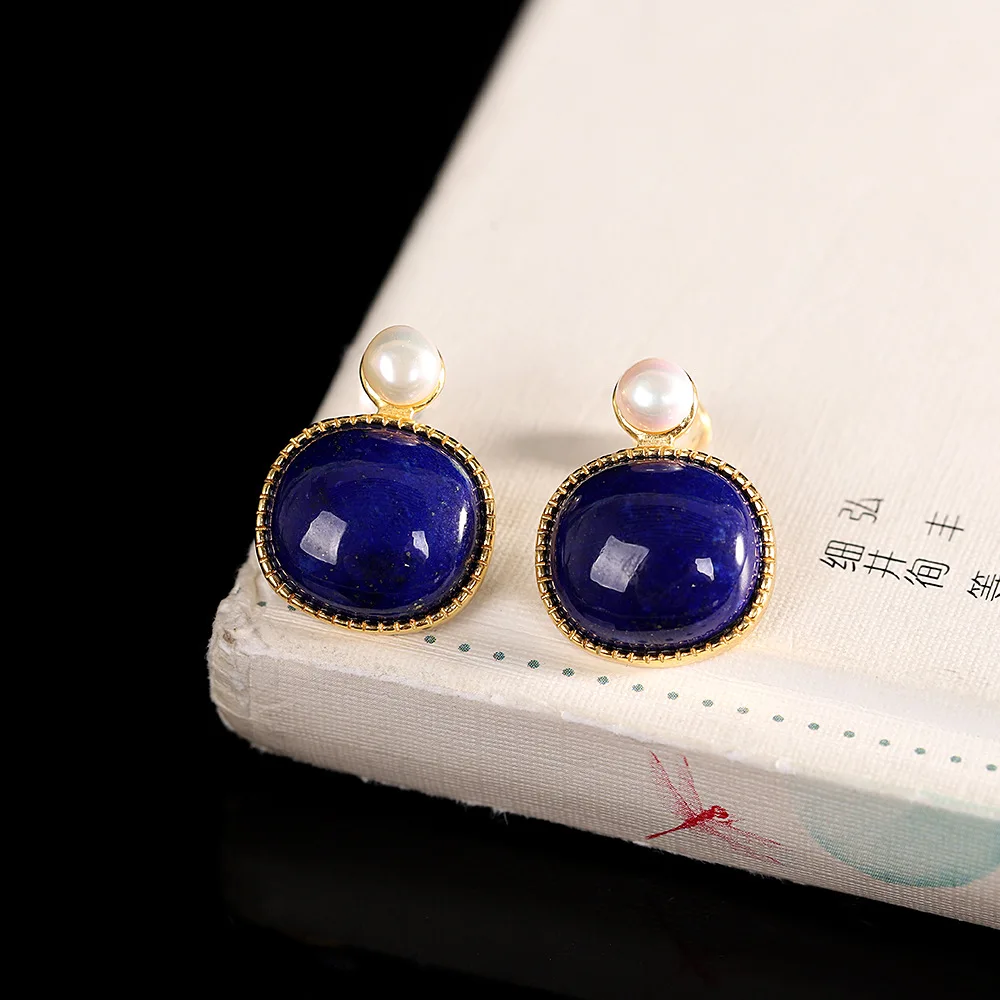 

925 Sterling Silver Stud Earrings Featuring Lapis Lazuli South Red Agate for Women Conjunto Pendientes Plata De Ley 925 Mujer