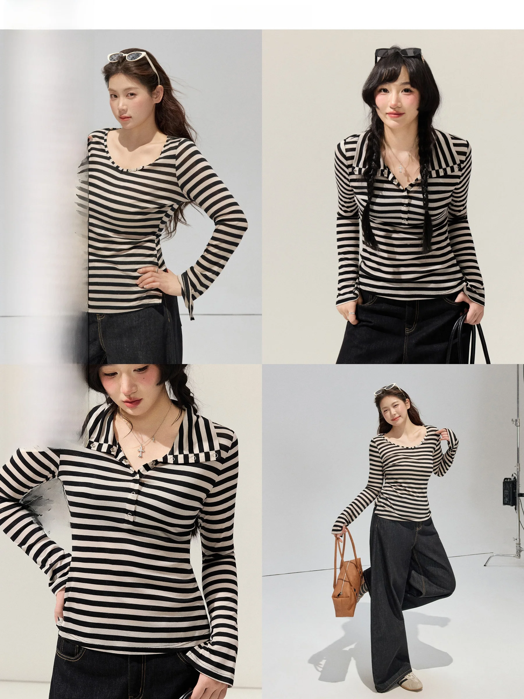 

JULULOOK Studio plus Size T-irt Button up U-Ne Padded Waist Casual Sle Women's Top Large Sve Long Striped Pattern