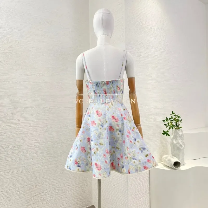 Floral Print Sleeveless Sling Pleat Backless Lace Patchwork Mini Dress 2025 Linen