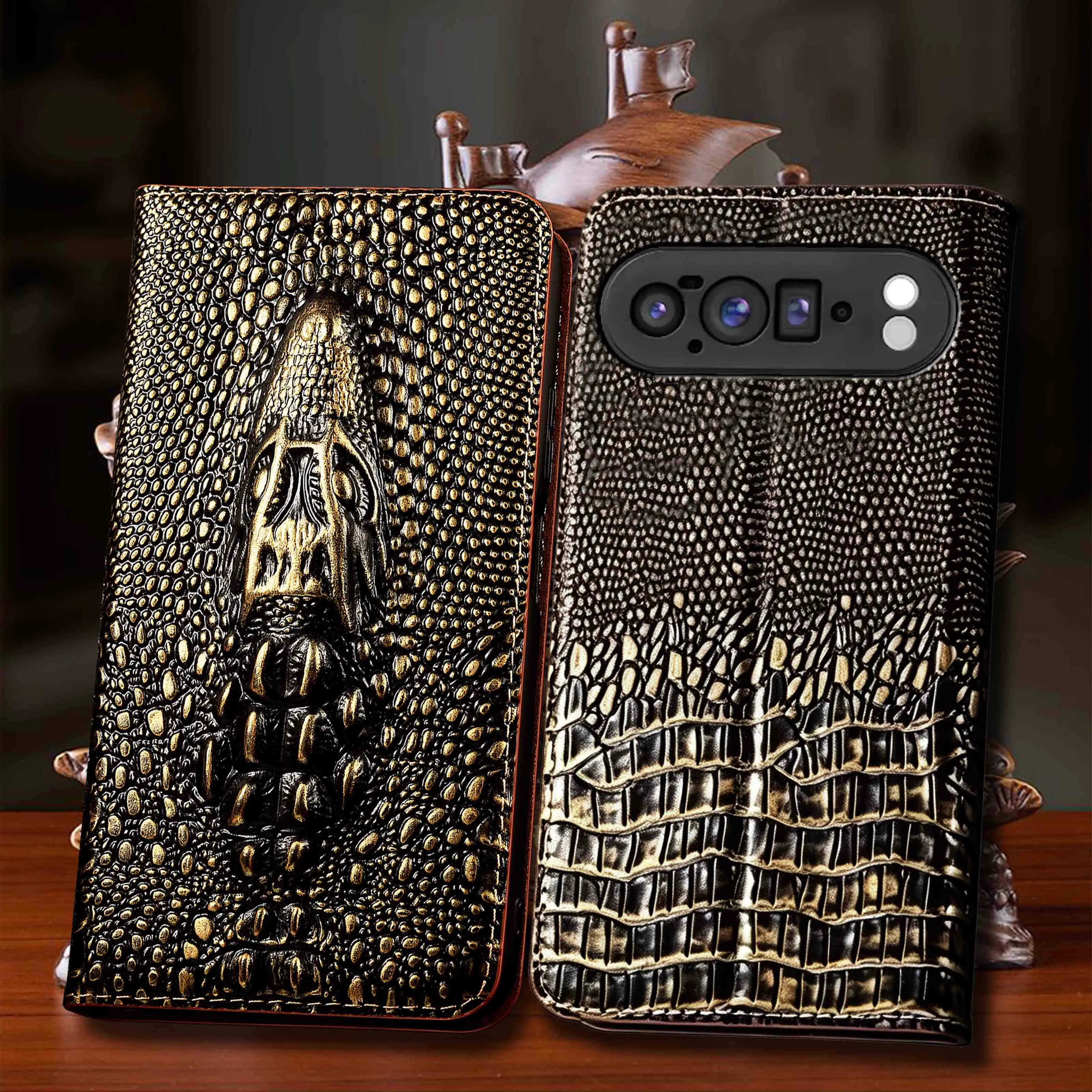 For Google Pixel 3 3A 4 4A 5 5A 6 6A 7 8 8A 9 9A 10 10A 11 Pro XL Vintage Crocodile Head Pattern Genuine Leather Flip Phone Case
