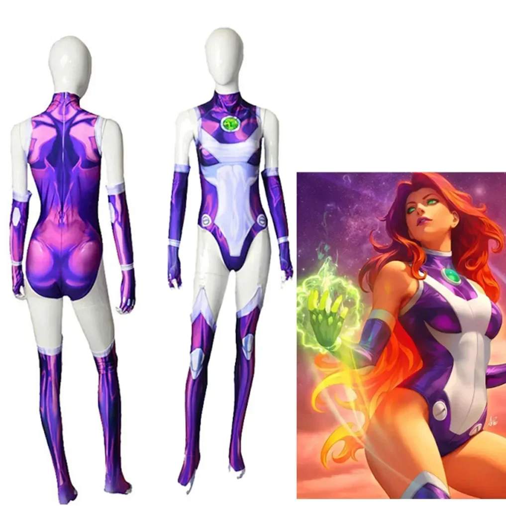 

Teen Titans Superhero Starfire Koriand'r Jumpsuit Cosplay Costume Zentai Bodysuit Halloween Party Costumes For Women Aldult Kids