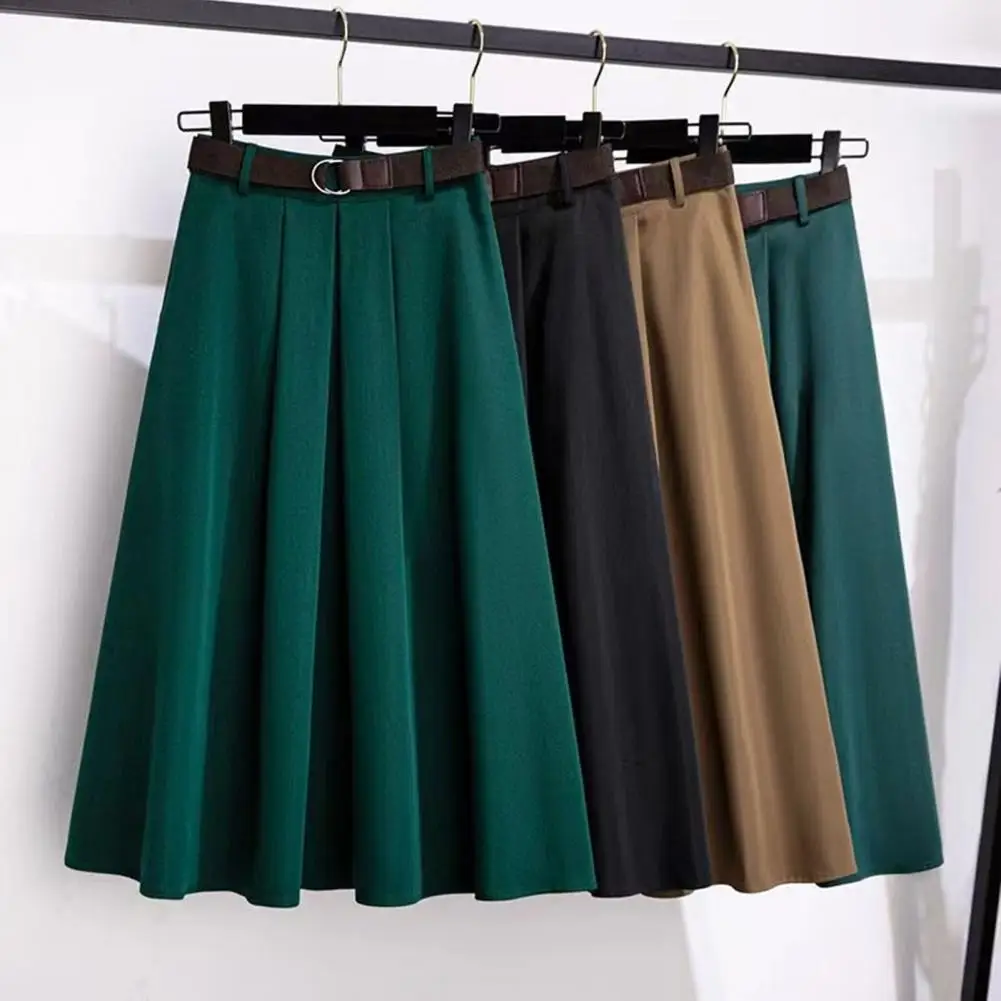 Breathable Midi Skirt Elegant A-line Midi Skirt with Belt High Waist Design Soft Draped Hem Women's Solid Color for Breathable