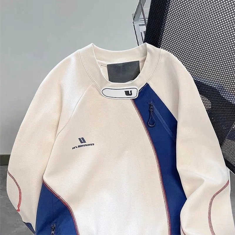Large Size Hoodie Zipper Asymmetrical Men's Spring Autumn Harajuku Style Color Block Jacket Anti-Wear Resistant Antibacterial
