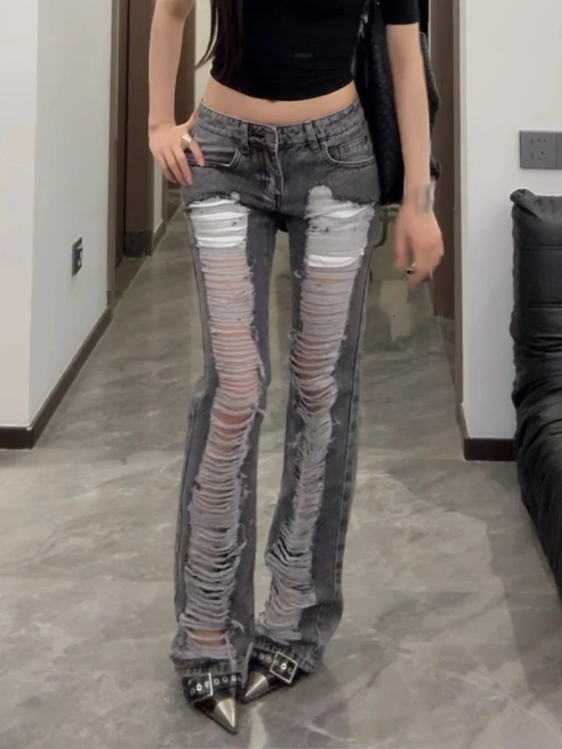 Calça jeans feminina cinza rasgada skinny harajuku vintage y2k estilo japonês 2000s emo jeans grandes calças compridas roupas