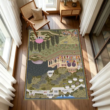 Mughal Indian Miniature Garden Palace Carpet Floor Traditional Oriental Art Non-Slip Carpet for Living Room Decoration