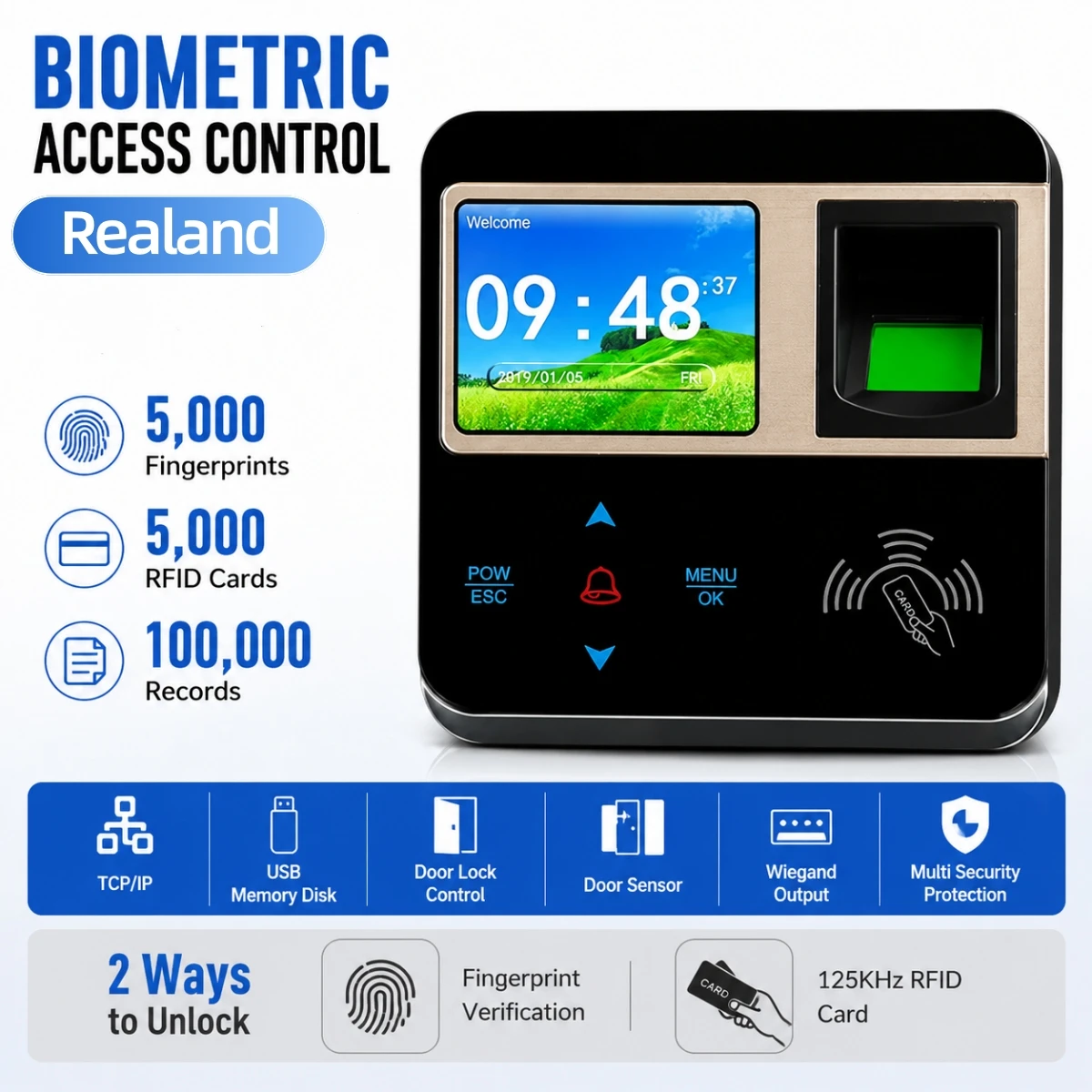 Realand Fingerprint Access Control Device 5000 Users 125KHz EM RFID Card TCP/IP USB Wiegand Door Lock Controller  for Office