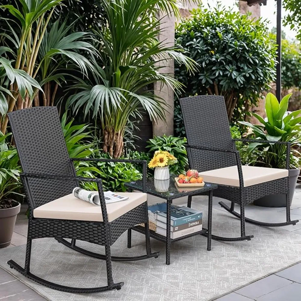 

Patio Furniture Set w/Coffee Table, 3 Pieces Outdoor Wicker Rocking Chair Set for Backyard & Porch, Garden Furniture Sets